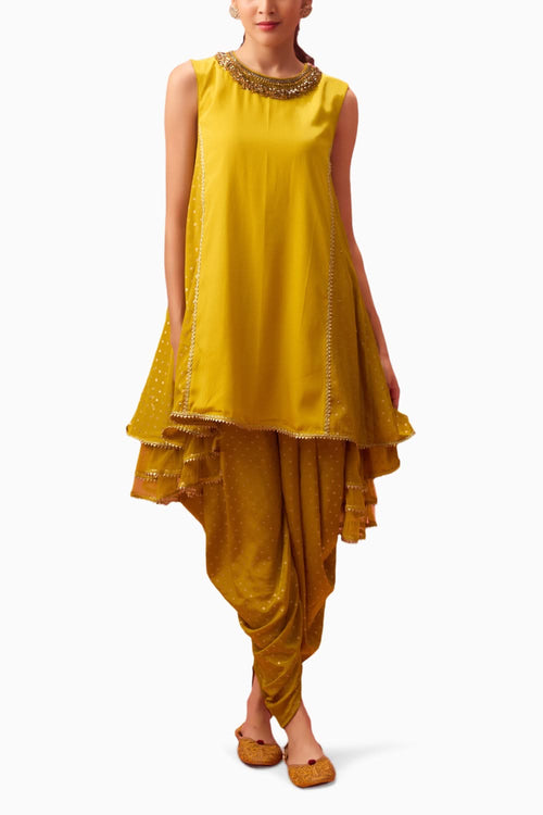 Olive Pochre Hand Embroidered Kurta Set