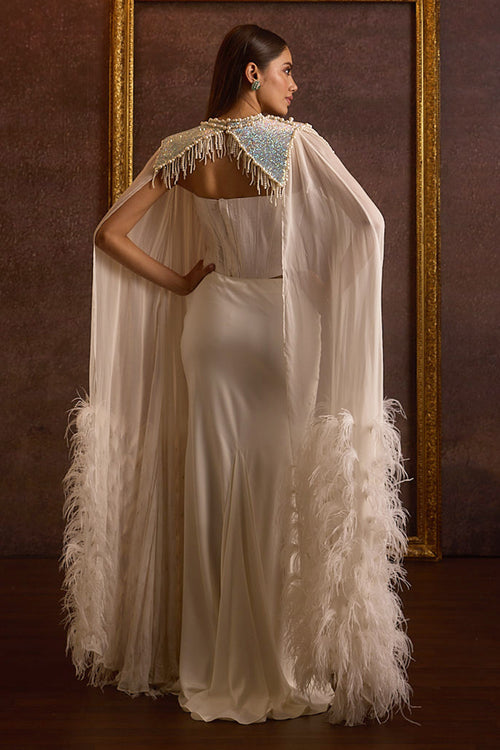 Seher White Feathered Cape, Bralette And Bias Fishcut Skirt