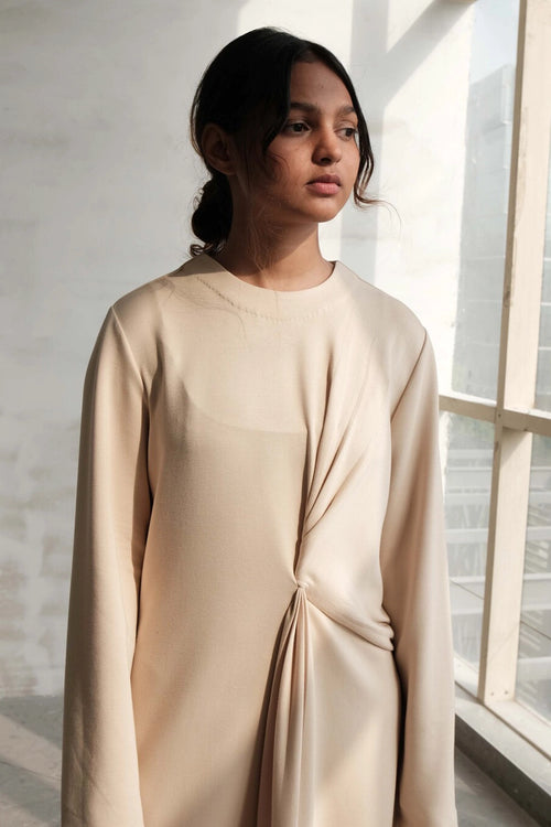 Off White Knotted Pleat Comfort Dress