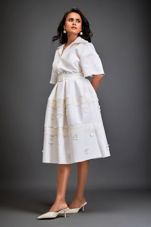 White Verdant Whisper Belted Midi Dress