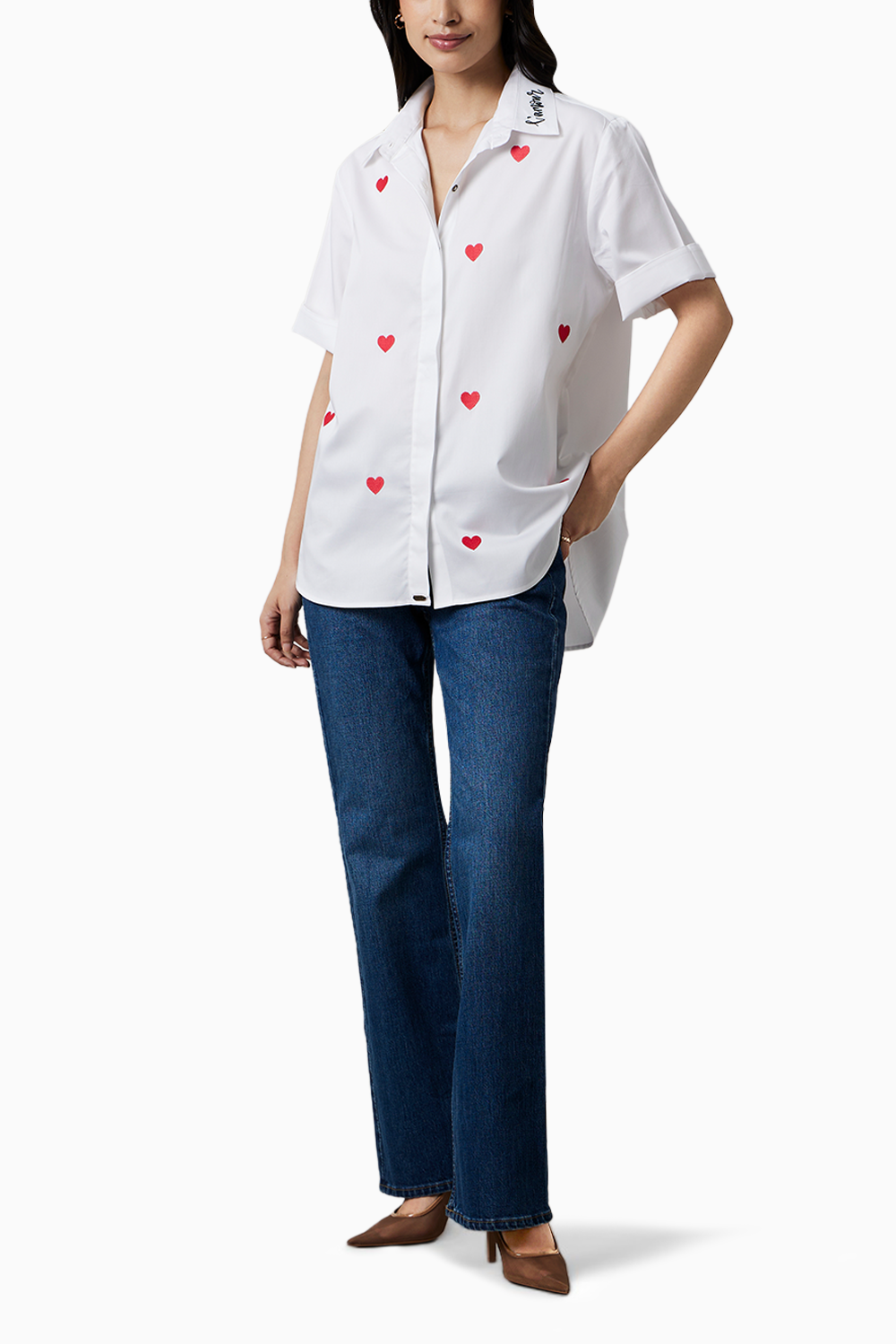 White Red Heart Embroidered Shirt