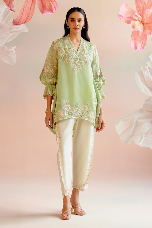 Mint Green Contrast Embroidered Tunic with Pant