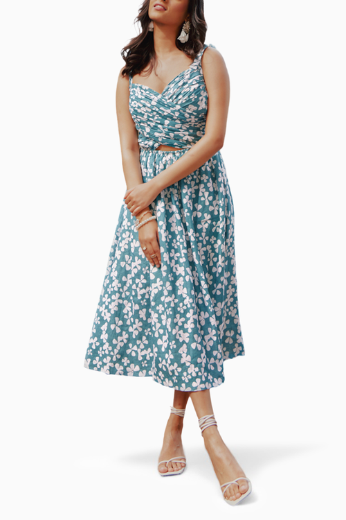 Green Blooms Printed Cutout Midi Dress