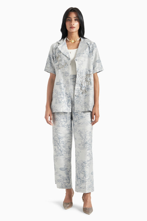 Blue Silk Jacquard Blazer And Pants Set