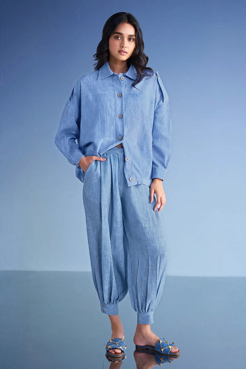 Box Pleated Linen-Textured Shirt and Pant Set