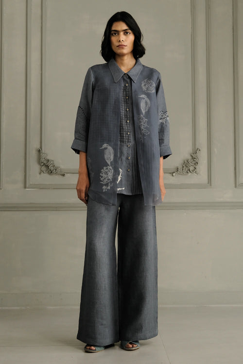 Stone Blue Embroidered Linen Shirt And Flared Pants Set