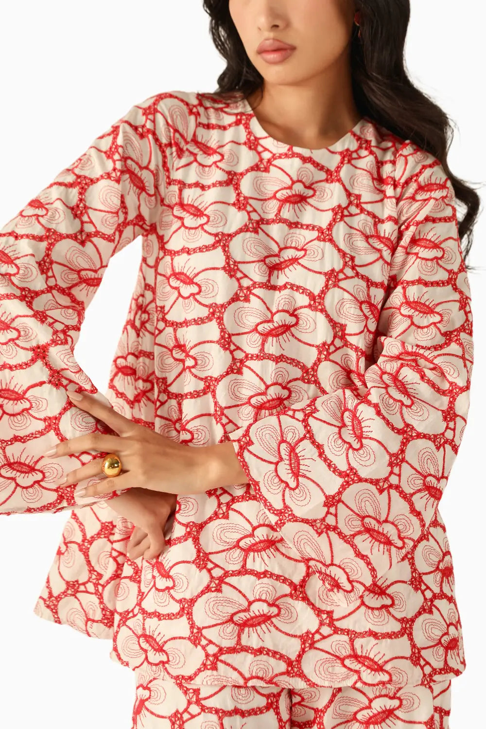 Nora Red-White Schiffli Co-ord Set
