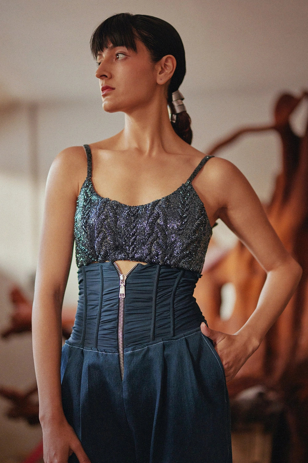 Prussian 3D Knit Embellished Bralette with Denim Corset Pants