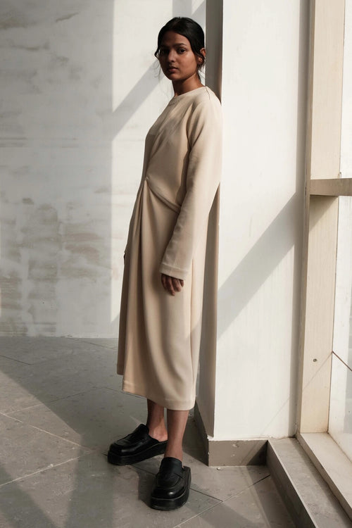 Off White Knotted Pleat Comfort Dress