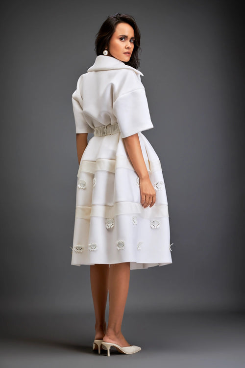 White Verdant Whisper Belted Midi Dress