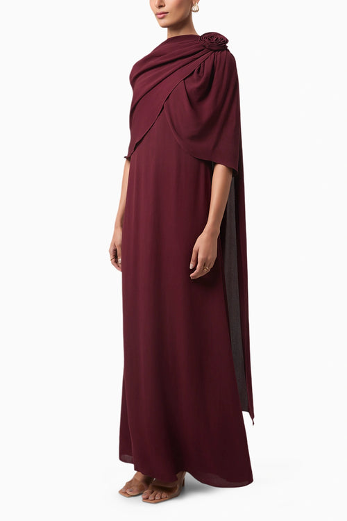 Wine Rosette Draped Shoulder Gown
