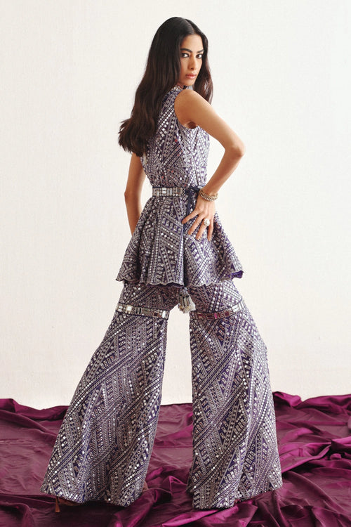 Silver Grey Sharara With Mirrorwork