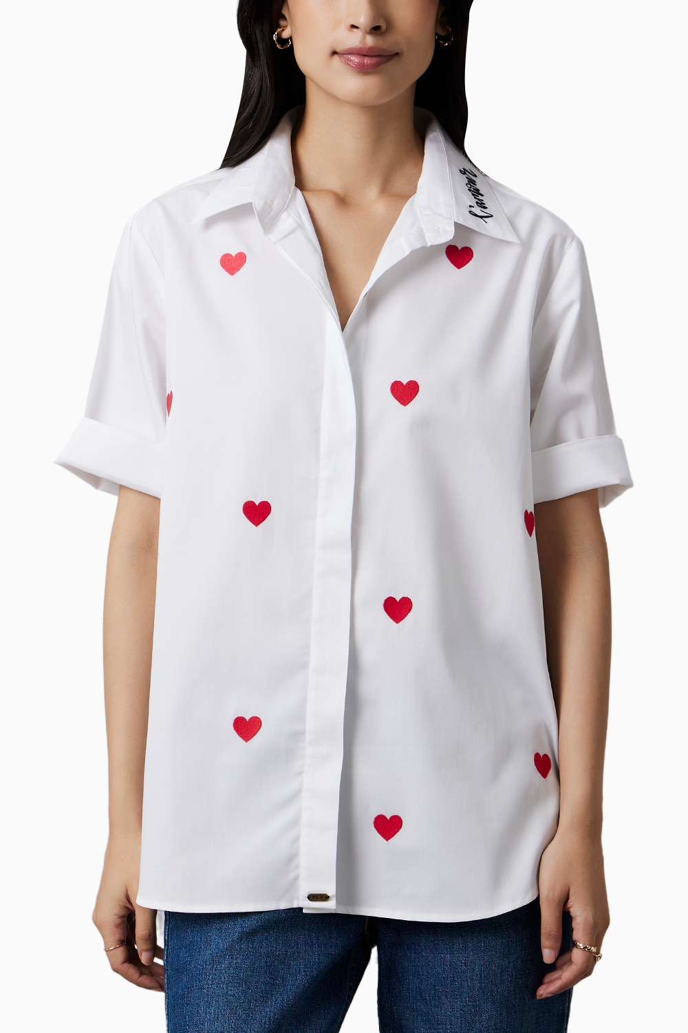 White Red Heart Embroidered Shirt