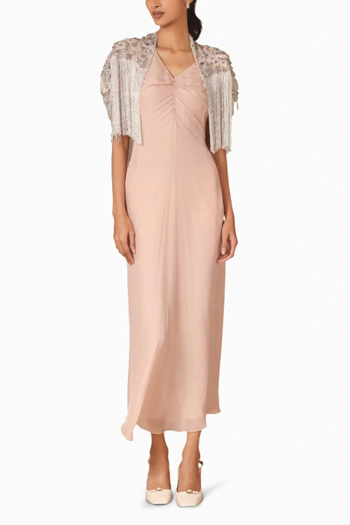 Drape Fringe Cape With Chiffon Dress