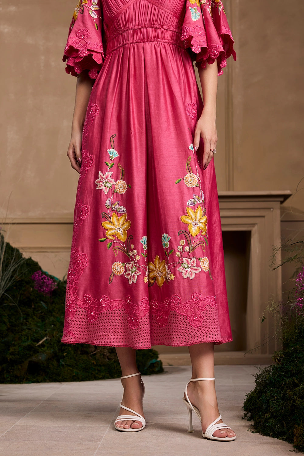 Fuchsia Floral Embroidered Ruched Dress