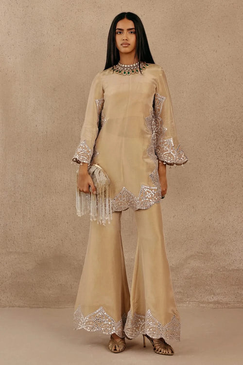Zero Neck Kurta with Flared Sleeves with Bellbottoms