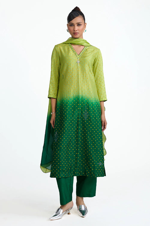 Green Mirror Embroidered Bandhani Suit Set