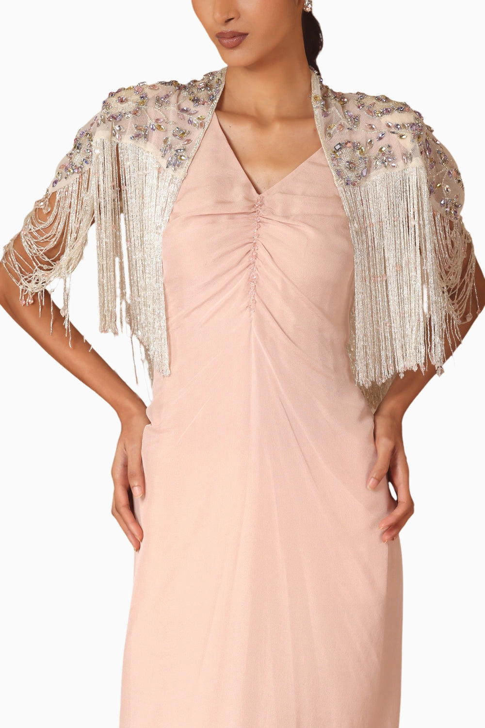 Drape Fringe Cape With Chiffon Dress