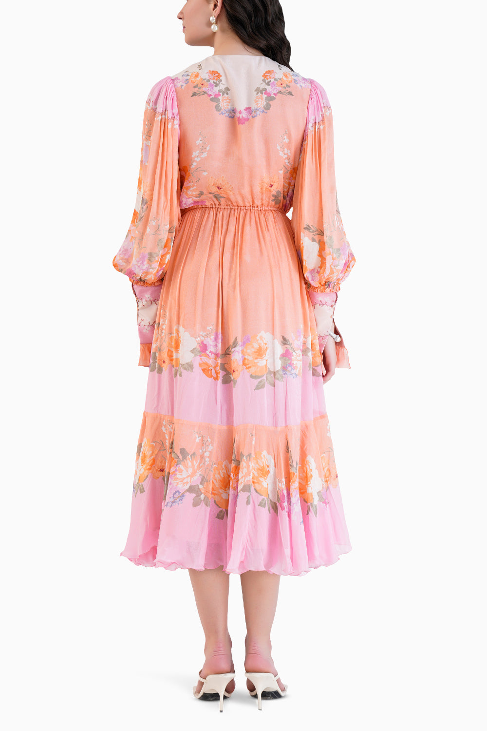 Orange Corsage Printed Calf Length Chiffon Dress