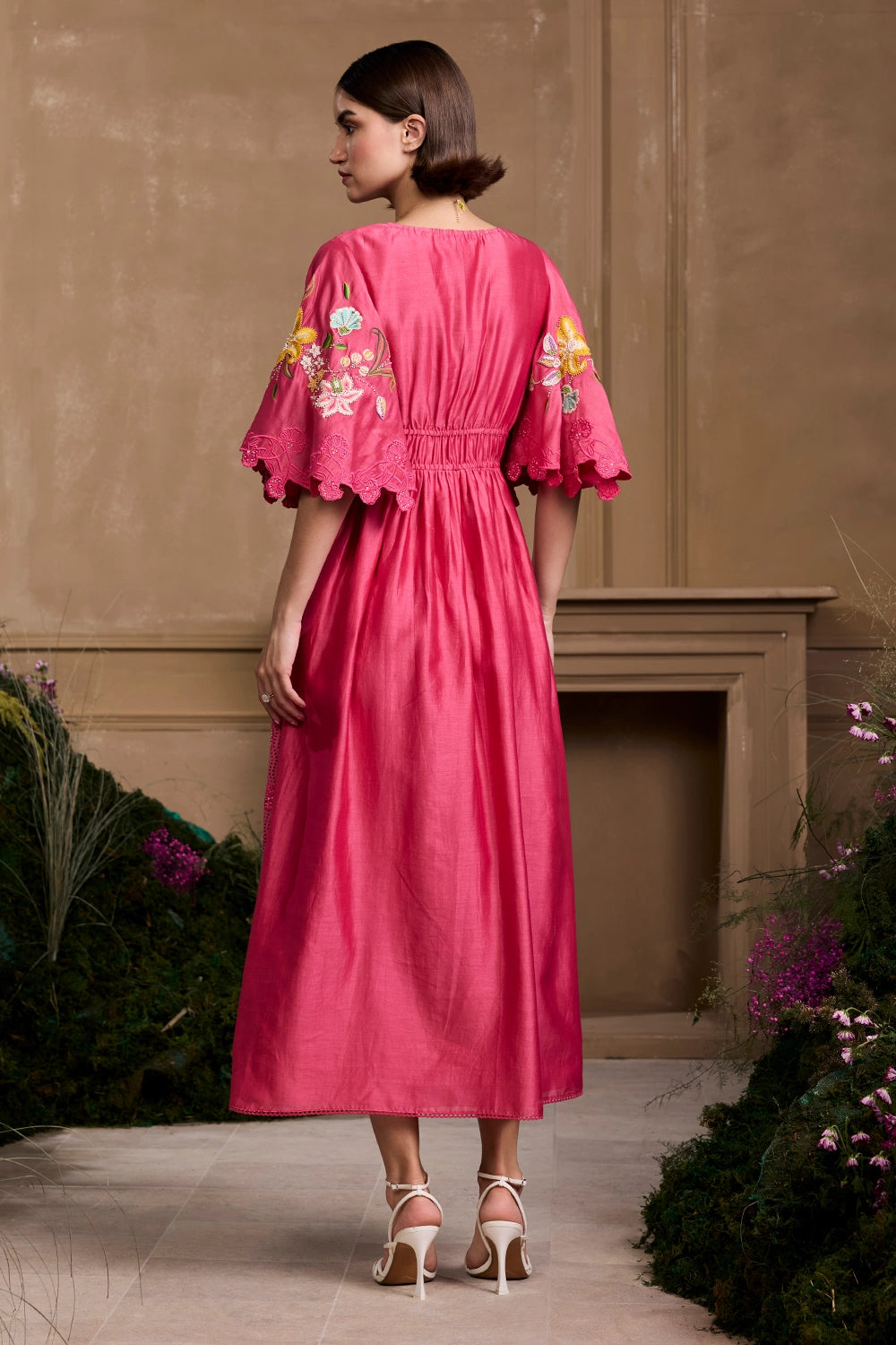 Fuchsia Floral Embroidered Ruched Dress