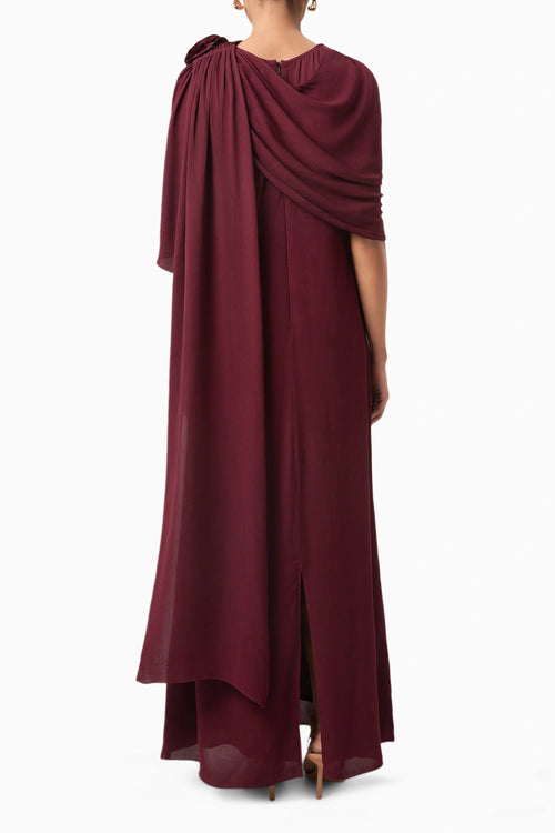 Wine Rosette Draped Shoulder Gown