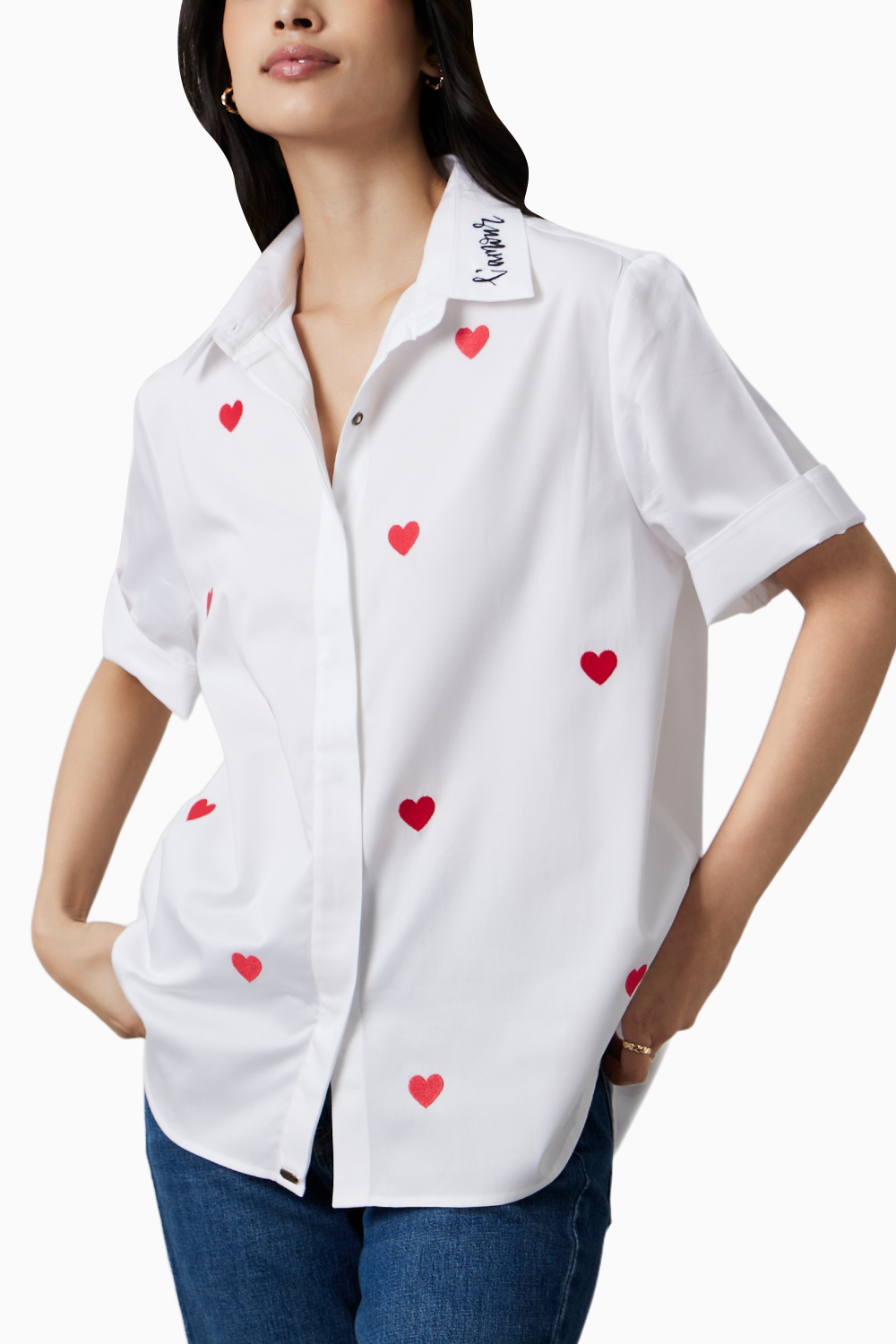 White Red Heart Embroidered Shirt