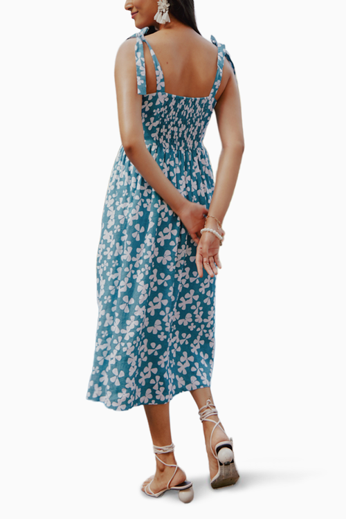 Green Blooms Printed Cutout Midi Dress