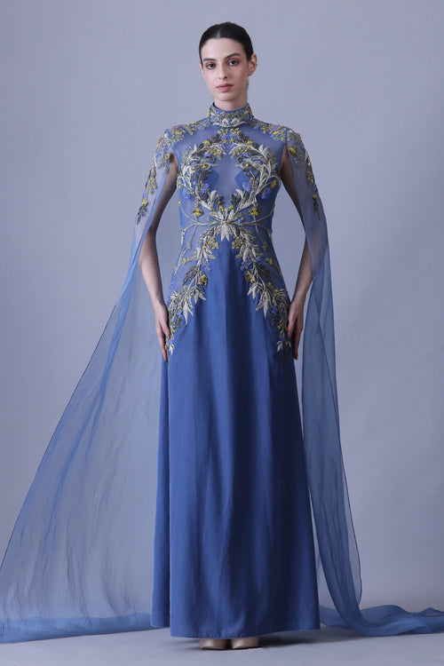 Blue Gown With Artisanal Embroidery And Ethereal Cape Sleeves