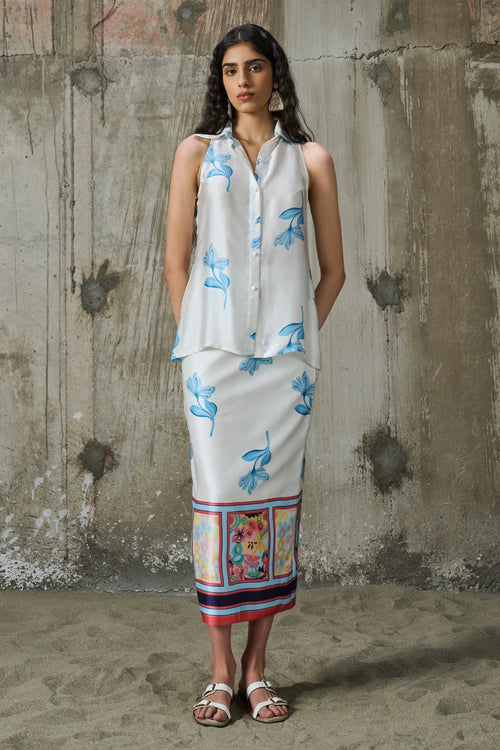 Blooming Edge Halter Neck Shirt With Straight Midi Skirt