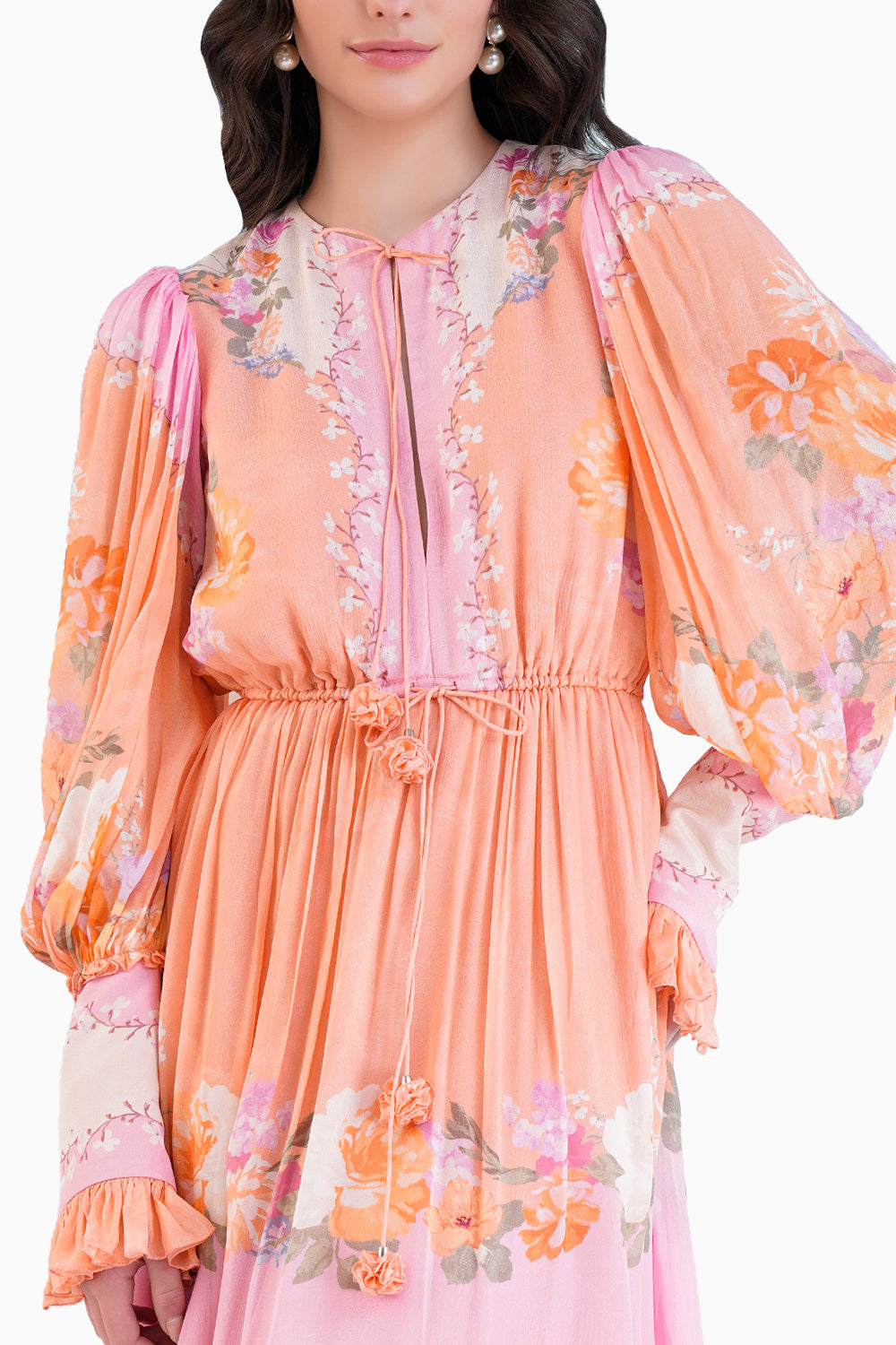 Orange Corsage Printed Calf Length Chiffon Dress