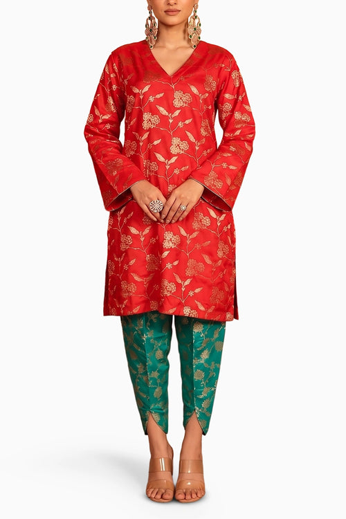 Red Dark Green Banarasi Begum Tunic Tulip Set