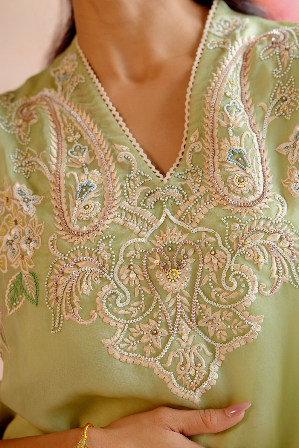 Mint Green Contrast Embroidered Tunic with Pant