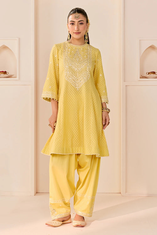 Nida Lemon Yellow Short Choga with Farshi Salwar and Dupatta