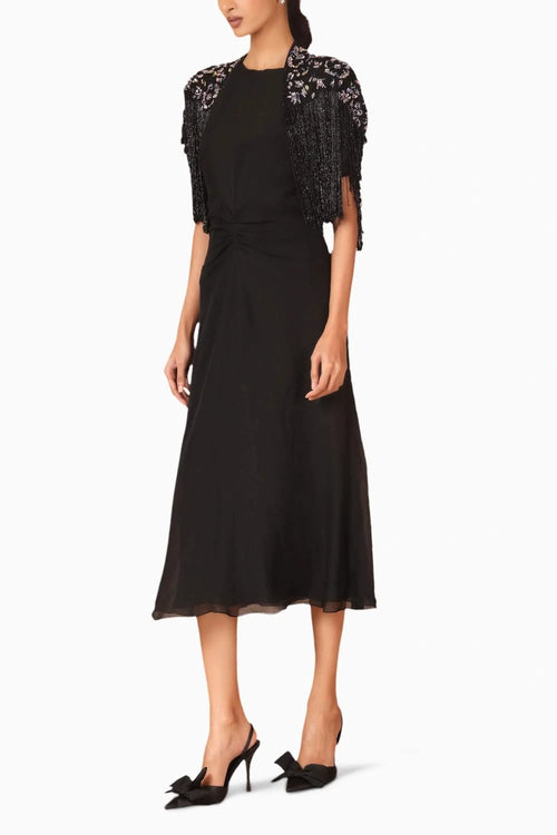 Black Drape Fringe Cape With Chiffon Dress
