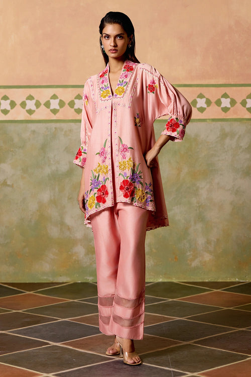 Rose Pink Threadwork and Beadwork Tunic with Pants