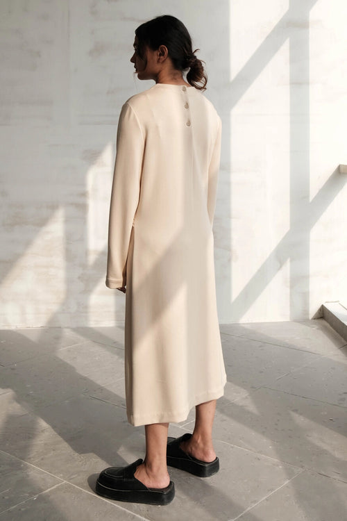 Off White Knotted Pleat Comfort Dress