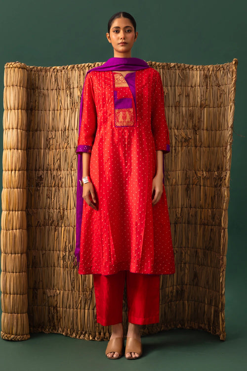 Red Patchwork Bandhani Suit Set