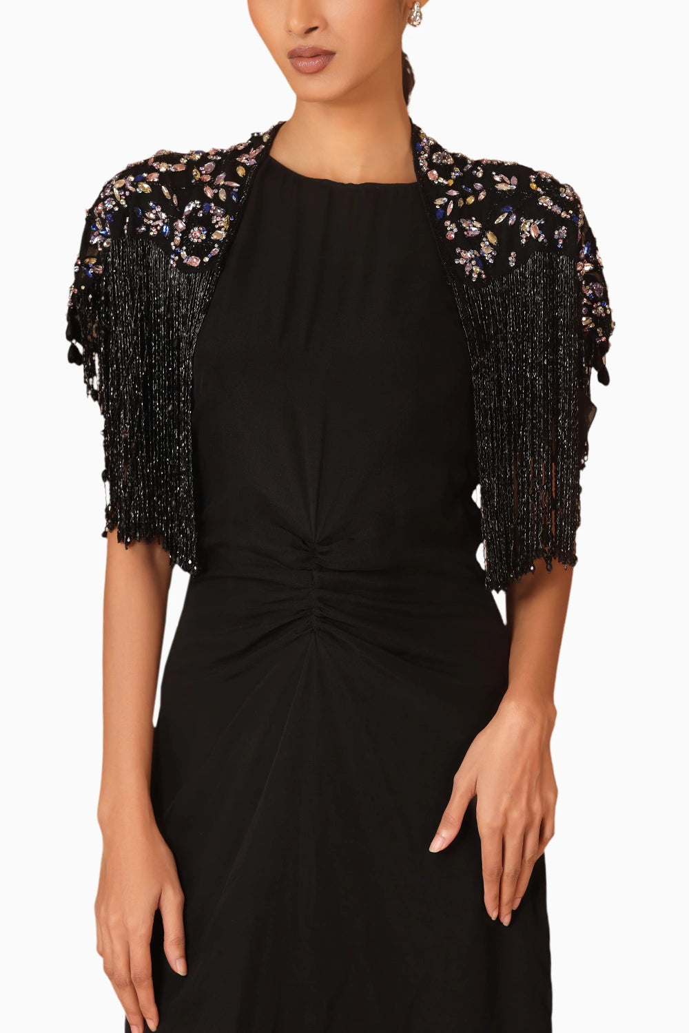 Black Drape Fringe Cape With Chiffon Dress