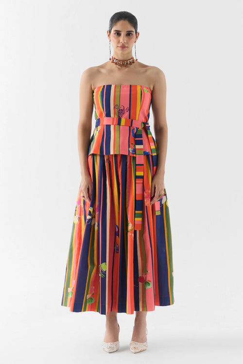 Pink Barcode Off Shoulder Top And Skirt Set