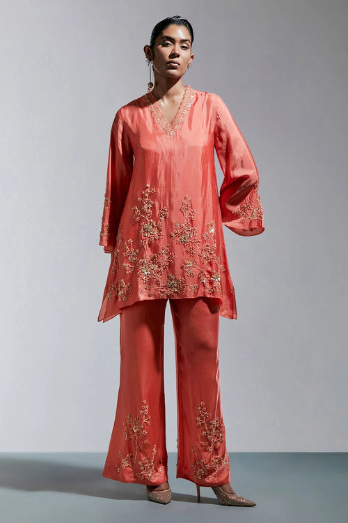 Vermilion Floral Embroidered Silk Co-ord Set