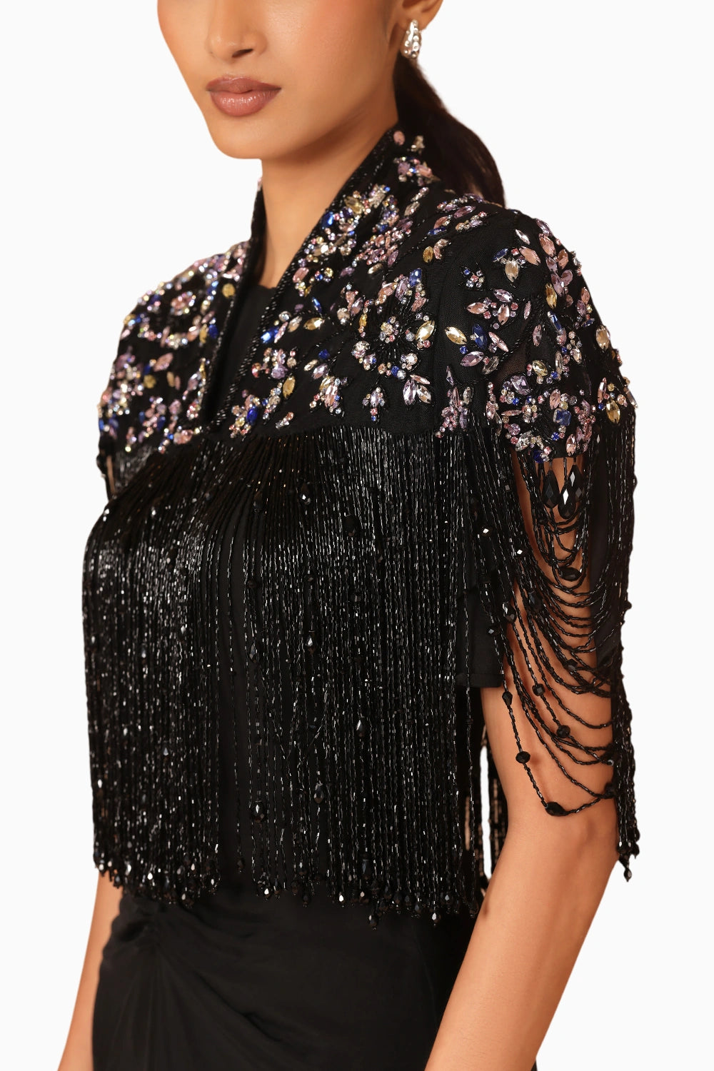 Black Drape Fringe Cape With Chiffon Dress