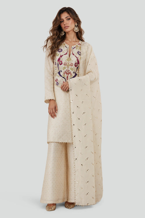 Off-White Banarasi Kurta With Palazzo And Dupatta