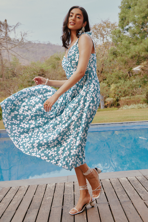 Green Blooms Printed Cutout Midi Dress