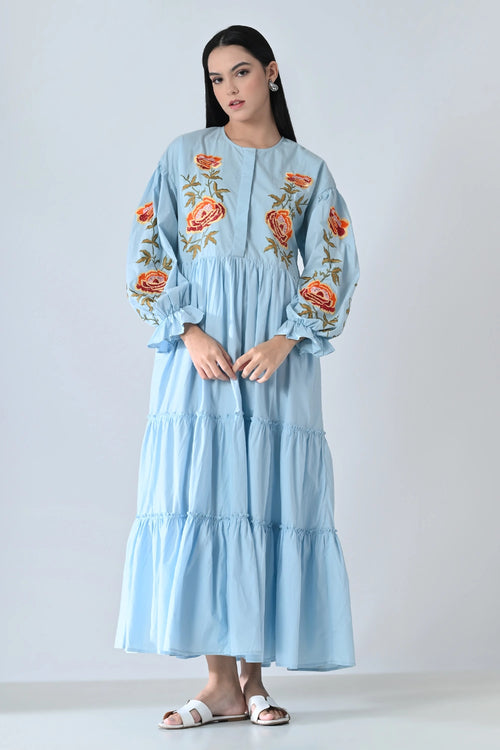 Powder Blue Embroidered Tiered Dress