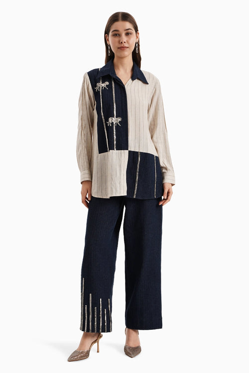 Beige Striped Dark Herringbone Panel Shirt