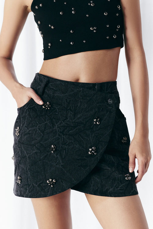 Black Washed Denim Studded Skirt