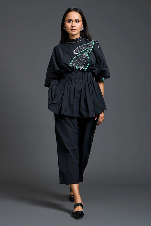 Black Smocked Floral Peplum Co-ord Set