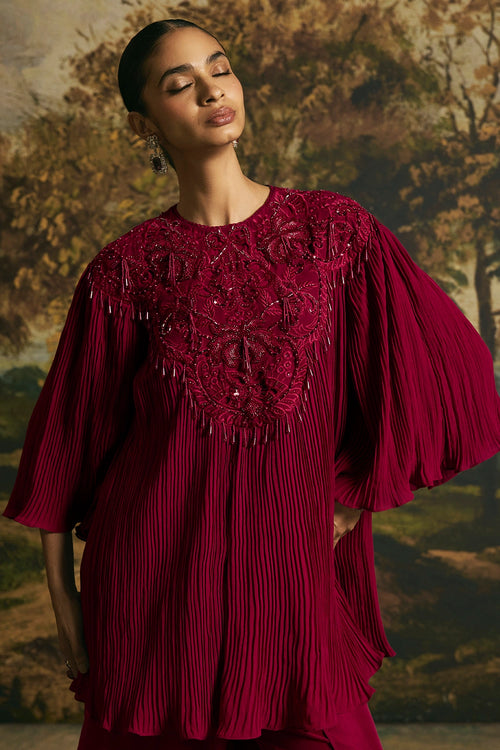 Cherry Red Cutwork Textured Tunic With Tulip Pants
