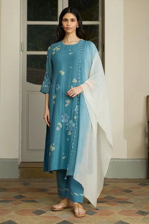 Ocean Blue Applique Cotton Kurta Set