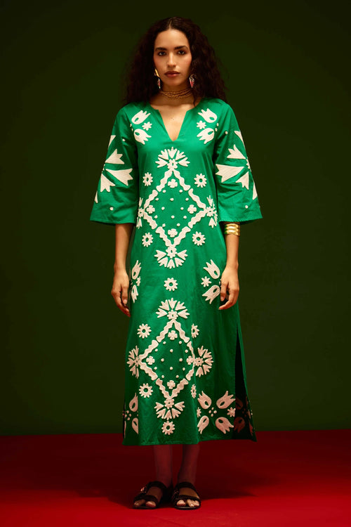 Avocado Green Cotton Maxi Dress with Thread Embroidery